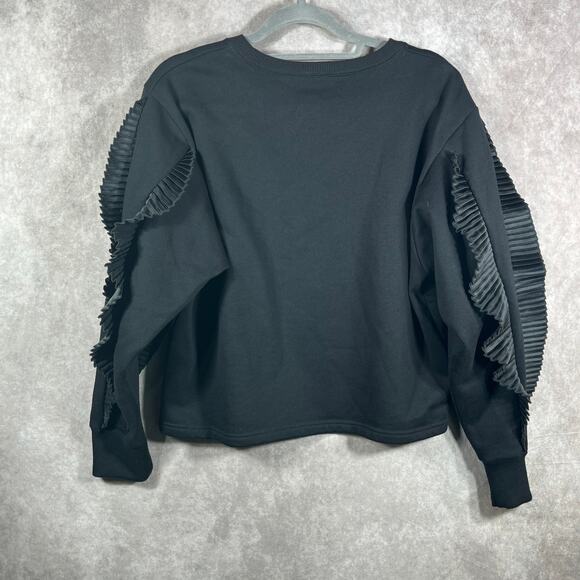 Zara Sweatshirt Womens Large Black Satin Ruffle Trim Sleeve Crew Neck Pullover - Picture 4 of 8